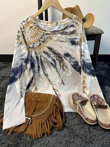 女性西部風格寬鬆長袖圓領t卹,印花圖案 - 彩色 - 查看 3