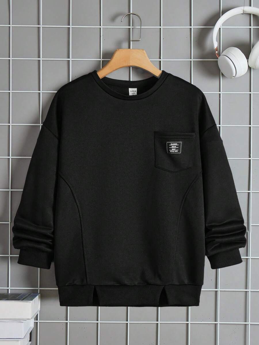 SHEIN Boys' Relaxed Fit Comfortable Crewneck Sweatshirt - Black - View 1