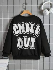 SHEIN Boys' Relaxed Fit Comfortable Crewneck Sweatshirt - Black - View 2