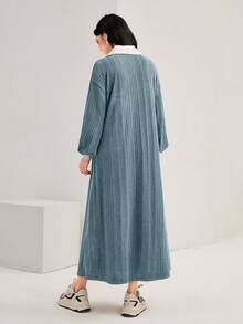 Mulvari 女款拼色領羅紋連身裙 - 藍白色 - 查看 2