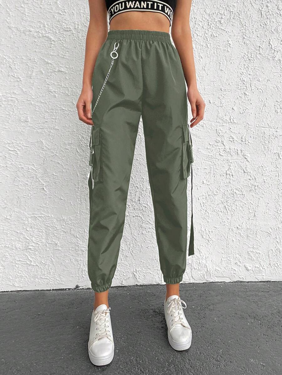 EURMUSE Elastic Waist Chain Detail Jogger Pants - Dark Green - View 1