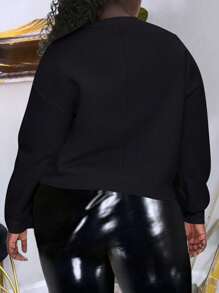 SHEIN LUNE 女款大尺碼字母印花抓絨運動衫 - 黑色 - 查看 2