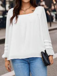 SHEIN LUNE Của phụ nữ Kích thước lớn Cổ vuông Tay áo lồng đèn Áo sơ mi - trắng - Xem 4