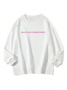 女款「MAINTAIN COMMITMENT」標語印花長袖圓領衛衣，休閒寬鬆百搭度假風上衣，時尚秋季日常穿搭 - 白色 - 查看 3