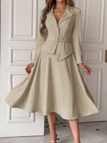 SHEIN Privé Của phụ nữ Sắc Cổ áo tây Thắt lưng áo & Váy Bộ đồ Bộ - Màu Khaki - Xem 2
