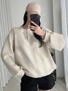 Dazy Star Women's Half Button Drop Shoulder Sweatshirt - Apricot - View 5