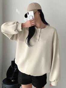 Dazy Star Women's Half Button Drop Shoulder Sweatshirt - Apricot - View 4