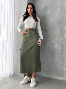 EURMUSE Women's Cargo Style Denim Pocket Skirt - Khaki - View 3