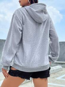 INAWLY Kangaroo Pocket Drop Shoulder Drawstring Hoodie,Long Sleeve Tops - Grey - View 2