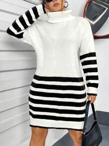 Flirla Plus Size Women's Turtleneck Striped Drop Shoulder Sweater Dress - Black and White - View 5