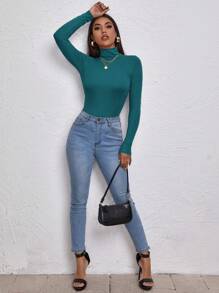 Cloudara High Neck Form Fitted Tee - Dark Green - View 3