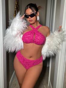 Swim EVENT Women's Plus Size Split Body Swimming Suit With Crossed Neckline Summer - Hot Pink - View 3