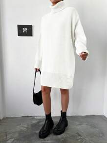 EURMUSE Turtleneck Drop Shoulder Sweater Dress