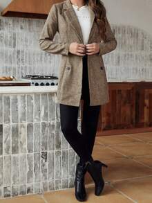 SHEIN Frenchy 女士格紋尖領雙排扣西裝外套 - 卡其色 - 查看 3