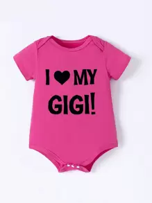 SHEIN Playful Pals Baby Girls' Slogan Printed Short Sleeve Bodysuit - Hot Pink - View 1
