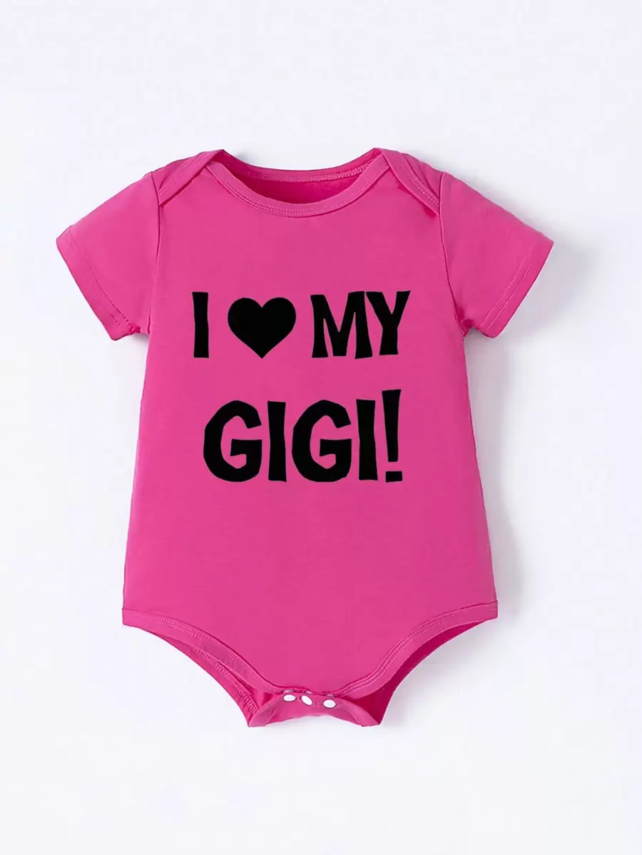 SHEIN Playful Pals Baby Girls' Slogan Printed Short Sleeve Bodysuit - Hot Pink - View 1