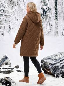 SHEIN Pregnant Women's Hooded Quilted Jacket With Check Pattern For Maternity - Brown - View 2