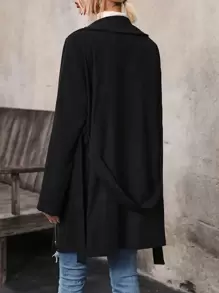 SHEIN Clasi Sharp Lapel Zipper Front Belted Coat - Black - View 2