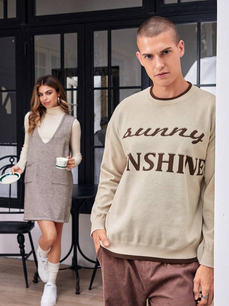 Men's Striped Trim Drop Shoulder Oversized Sweater With Letter Pattern