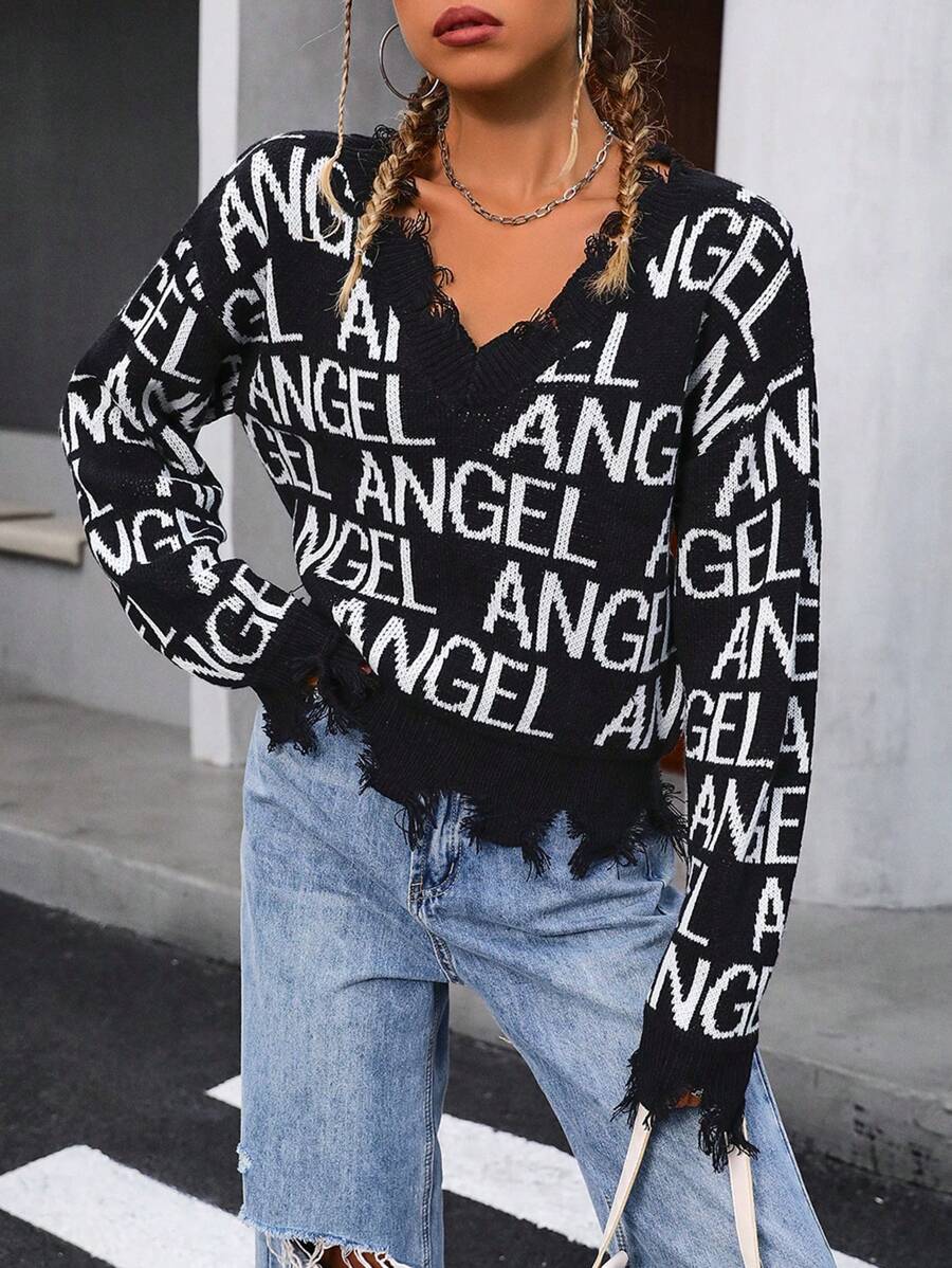 Chiquease Women's Letter Printed Distressed Knit Pullover Fall Winter Sweater - Black and White - View 1