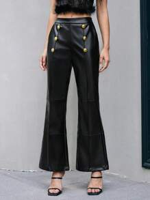 Anewsta Women's Double-Breasted Button Decorated Pu Leather Flared Pants - Black - View 5