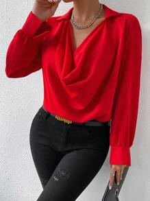 SHEIN Privé 純色披肩領衫 - 紅色 - 查看 1