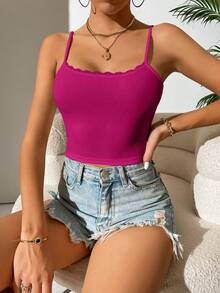 SHEIN Frenchy 女蕾絲邊羅紋吊帶背心