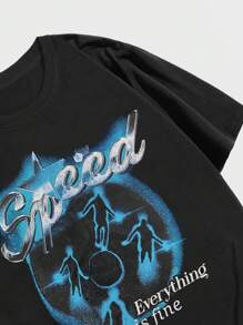 ROMWE MEN Goth 男士口號和角色圖案寬鬆t恤 - 黑色 - 查看 3