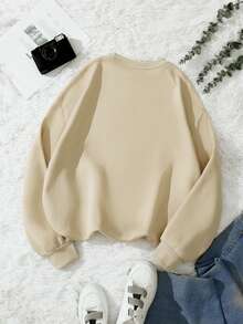 SHEIN EZwear Plus Size Women's Letter Printed Sweatshirt - Khaki - View 2