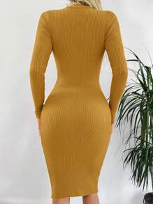 SHEIN Cottnline 女士圓領粗針編織毛衣裙 - 卡其色 - 查看 2