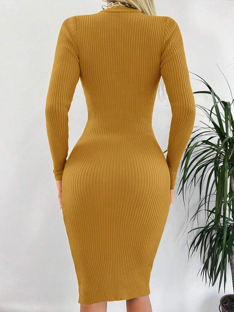 RueChic Women's Round Neck Cable Knit Sweater Dress - Khaki - View 2