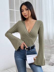 SHEIN PETITE Bọc Đường viền cổ áo Tay áo loe Áo thun - xanh quân đội - Xem 7