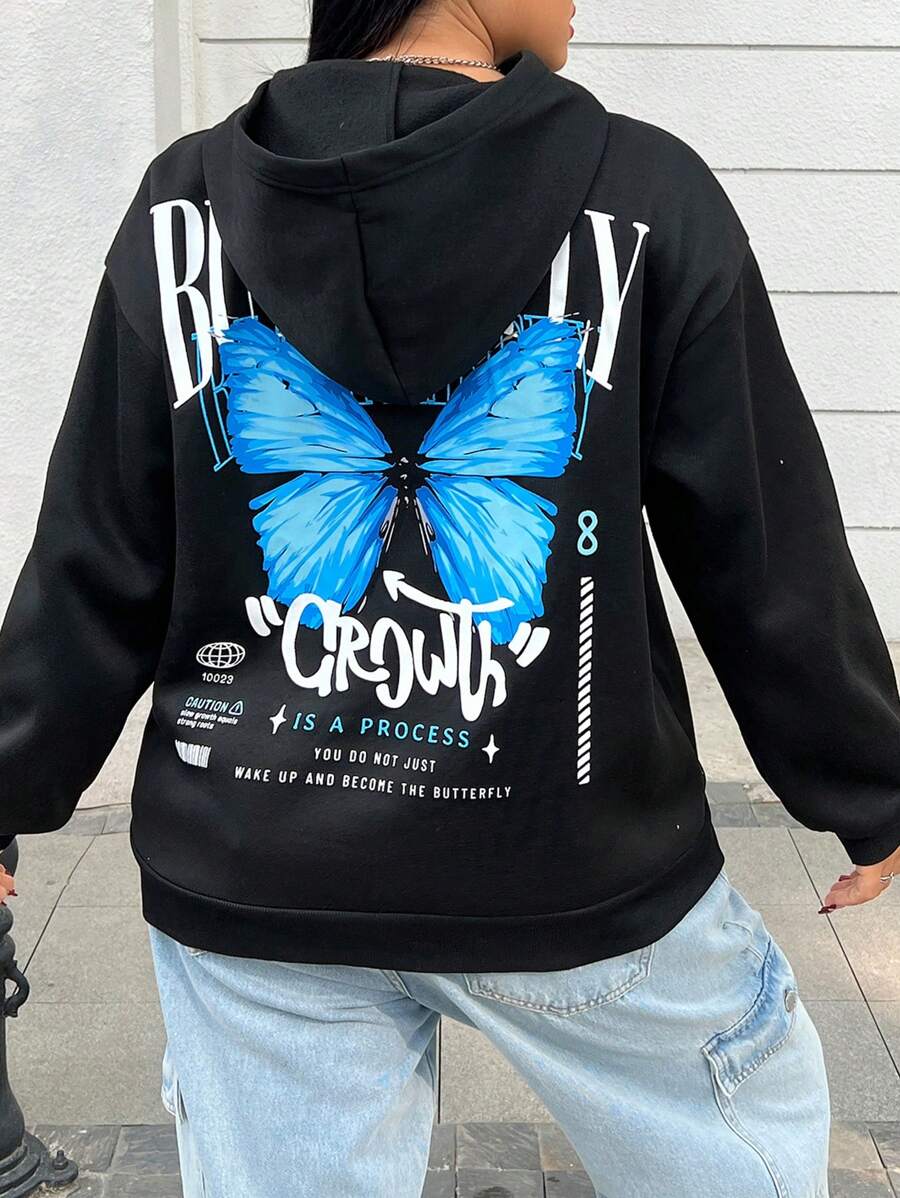 SHEIN EZwear Áo nỉ dệt kim màu đen cỡ lớn dành cho nữ, có họa tiết in. - màu đen - Xem 1