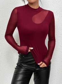 SHEIN Privé 女式純色網布t卹 - 酒紅色 - 查看 3