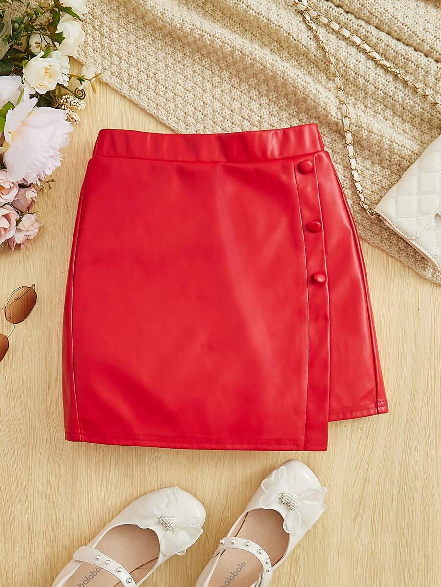 SHEIN Tween Girls' Asymmetrical Hem High Waist Skirt With Asymmetrical Design - Red - View 1