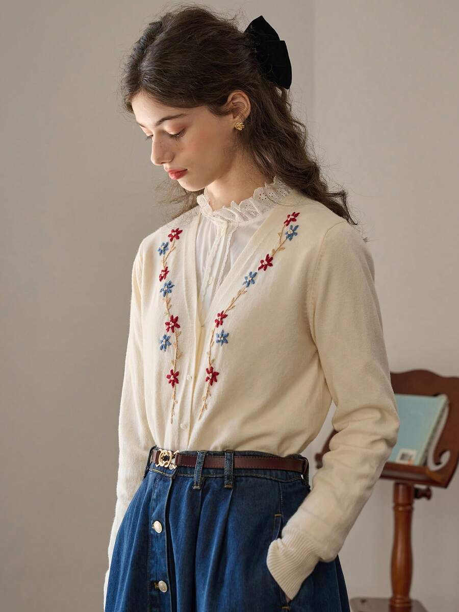 Simple Retro Cárdigan De Punto Con Botones Y Cuello En V Bordado De Viscosa - Amarillo - Ver 1