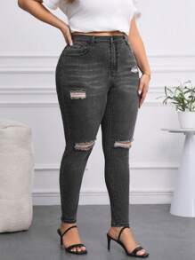 SHEIN Privé Kích thước lớn Đau khổ Co giãn Quần jean ôm - màu đen - Xem 1