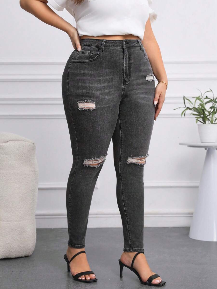 SHEIN Privé Kích thước lớn Đau khổ Co giãn Quần jean ôm - màu đen - Xem 1