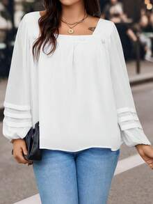 SHEIN LUNE Của phụ nữ Kích thước lớn Cổ vuông Tay áo lồng đèn Áo sơ mi - trắng - Xem 2