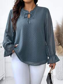 SHEIN Privé Plus Size Women's Tie Neck Ruffle Sleeve Blouse - Blue - View 5