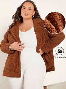 SHEIN BASICS Plus Lapel Neck Double Button Teddy Coat - Rust Brown - View 6