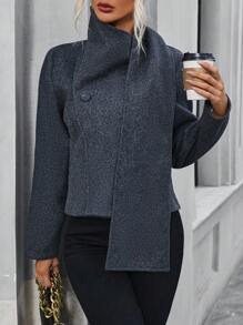 SHEIN Clasi Women's Scarf Collar Double Breasted Woolen Coat Fall Cloth For Women - Dark Grey - View 5