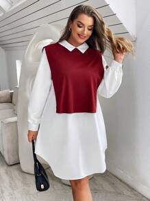 SHEIN Essnce 女裝加大號拼接色塊立領裙 - 紅白色 - 查看 3