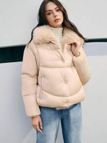 Anewsta Short Padded Coat With Collar - Beige - View 8