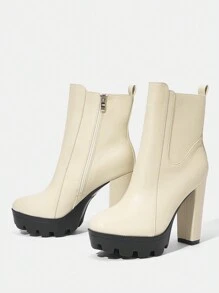 SheIn SXY 女式粗跟圓頭過膝靴 - 米色 - 查看 3