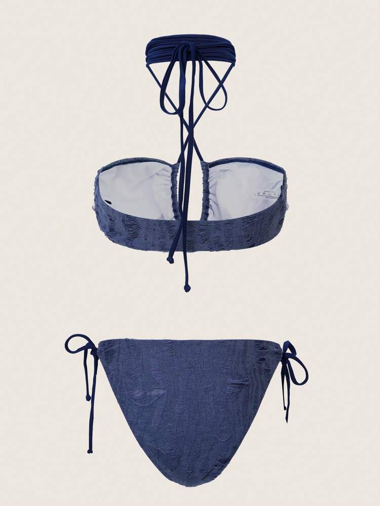 Summer Cross Halter Neck Backless Bikini Set With Knot Tie And Side Straps