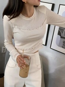 DAZY 纯色垫肩T恤长袖女上衣 - 杏色 - 查看 7