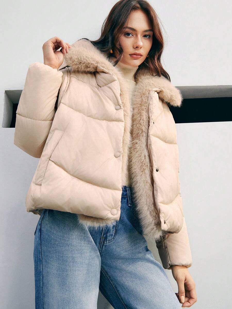 Anewsta Short Padded Coat With Collar - Beige - View 1