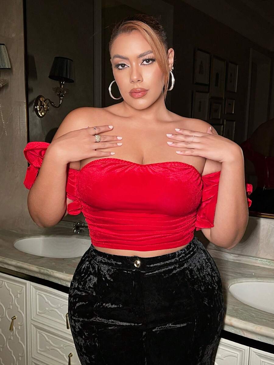 SHEIN SXY Kích thước lớn Của phụ nữ Nhung Áo - Đỏ - Xem 1