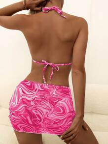 Summer Beach Allover Print Halter Triangle Bikini Set With Beach Skirt - Multicolor - View 5